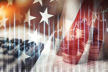 Stock market investment trading financial, coin and USA America flag for analyze finance business trend