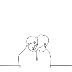 man whispers in the ear of another and he opened his mouth in surprise - one line drawing vector. concept to report shocking news, spread gossip, spread scandalous secrets