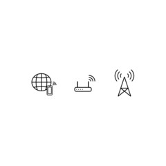 Data network outline icons set: earth emblem, mobil phone, wi fi router, cell tower.Isolated on white set icons, illustration 5g high speed internet copcept.