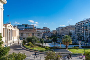 ATHENS, GREECE - DECEMBER 24, 2021: The Panepistimio metro station and square in Athens, where the National library is located