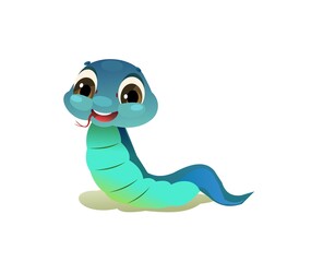 Cheerful baby blue snake. Cartoon style illustration. Cute childish character. Isolated on white background. Vector