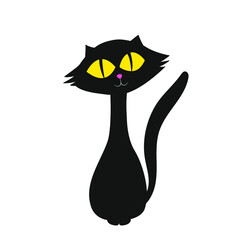 Funny interesting  black cat with yellow eyes. Vector illustration.