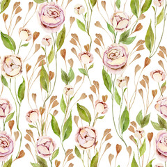 Watercolor floral seamless pattern. Hand drawn elegant, delicate botanical background. Repeatable texture, wrapping paper, stationery, wallpaper, scrapbooking, fabric, paper, textile