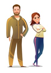 Man and woman in tracksuit. Got ready for sports activities. Cheerful person. Standing pose. Cartoon style. Single character. Illustration isolated on white background. Vector