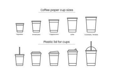 set of icons with paper cups for coffee of different sizes and different lids.