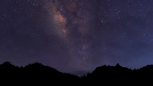 Night time lapse. Starry night background. The Milky Way Galaxy moving over the mountain ridge