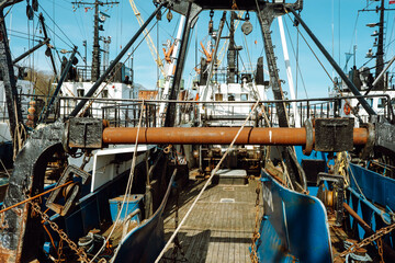 Fishing with a trawl. A large trawl with fish was dragged onto the deck of the ship