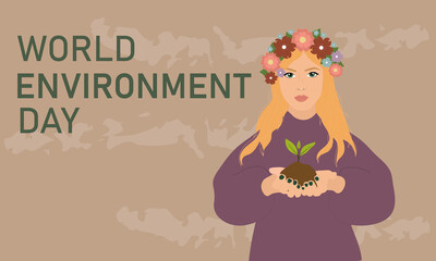 World Environment Day banner with woman. Woman holding plant a tree sapling with on ground. Vector illustration