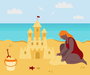 Girl Is Building Sandcastle Summer Vector Illustration In Flat Style