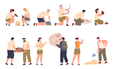 A collection of illustrations by archaeologists excavating artifacts, skeletons of ancient animals, studying rock paintings. Vector illustration on a white background
