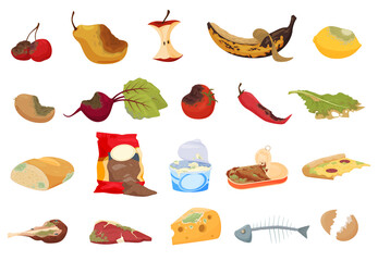 Set of vegetables fruits rotting products. Composting food. Perishable products. Vector illustration on a white background - obrazy, fototapety, plakaty