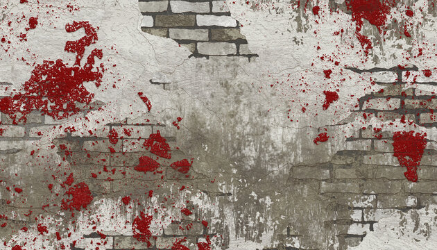 Abstract grey brick wall with red bloody stains. Rough cracked cement material or stone. Old vintage scratches, stain, paint splats, brush strokes, dots, spots. Creepy stucco 3D brickwork