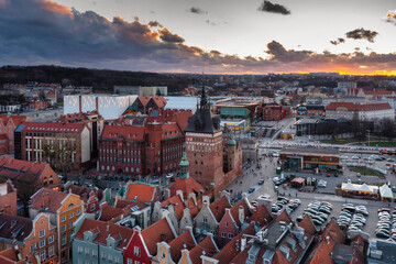 Aerial view of the beautiful Gdansk city at sunset, Poland