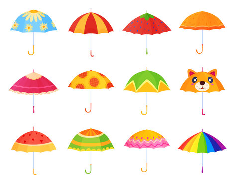 Set of bright colored umbrellas. Rain protection. Vector illustration on a white background