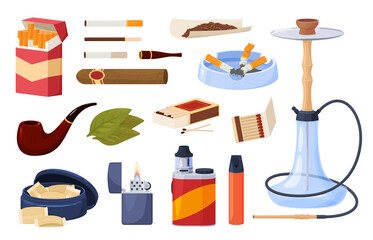 A set of various hookah cigarettes and smoking elements. Smoking is bad for your health. Vector illustration on a white background