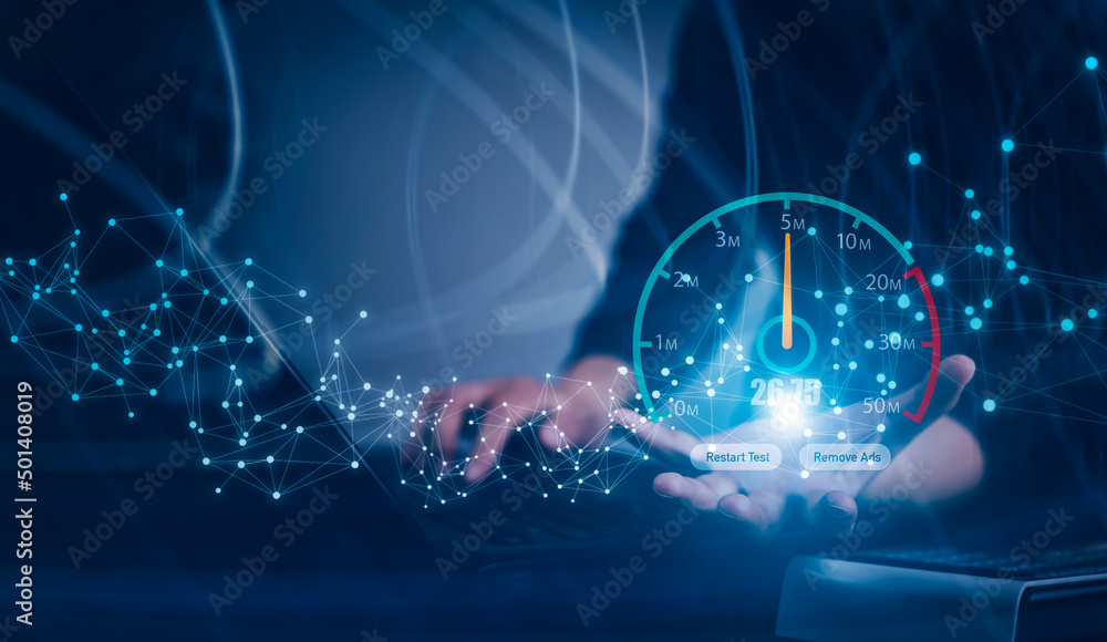 Poster fast internet connection with metaverse technology concept, hand holding smartphone and virtual scre