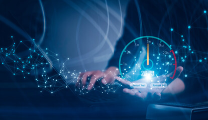 Fast internet connection with Metaverse technology concept, Hand holding smartphone and Virtual...