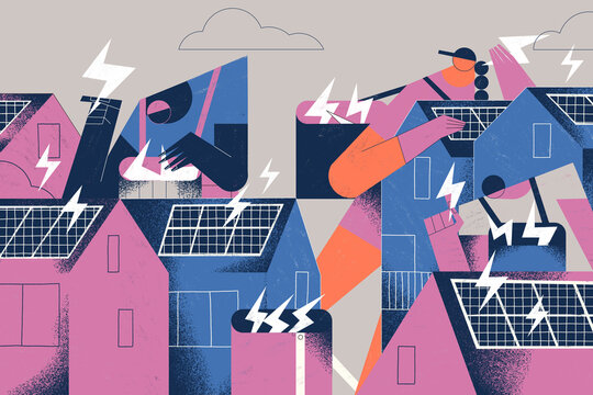 Solar panels on roof. Conceptual illustration shows people collecting lightning for green and clean electric energy from house solar panels. Ecology and sustainability.