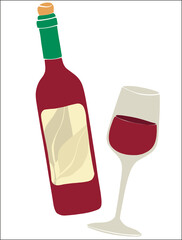 A bottle of red wine and a filled glass. Italy vector illustration. Vector illustration design. Isolated background. Transparent background. Flat design.