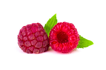 Fototapeta na wymiar Raspberry. Ripe sweet raspberry macro image with mint leaves on white isolated background. Close up image.