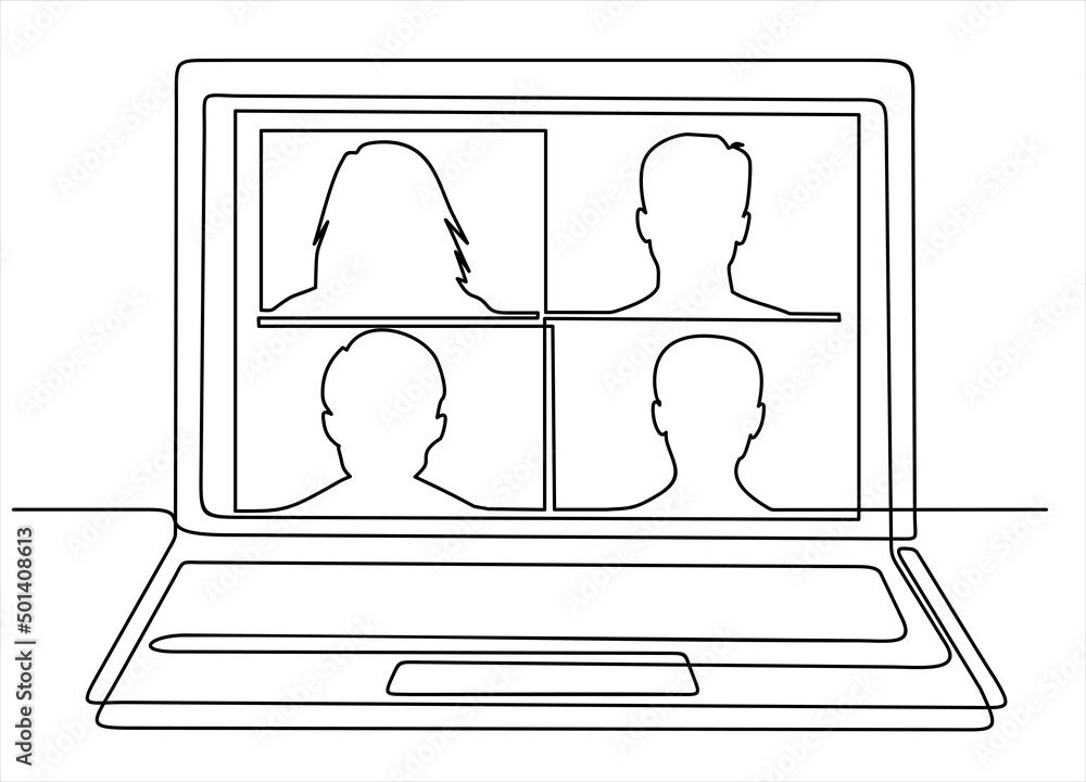 Poster continuous one line drawing of laptop on the desk with some people on screen for online class. e-lea