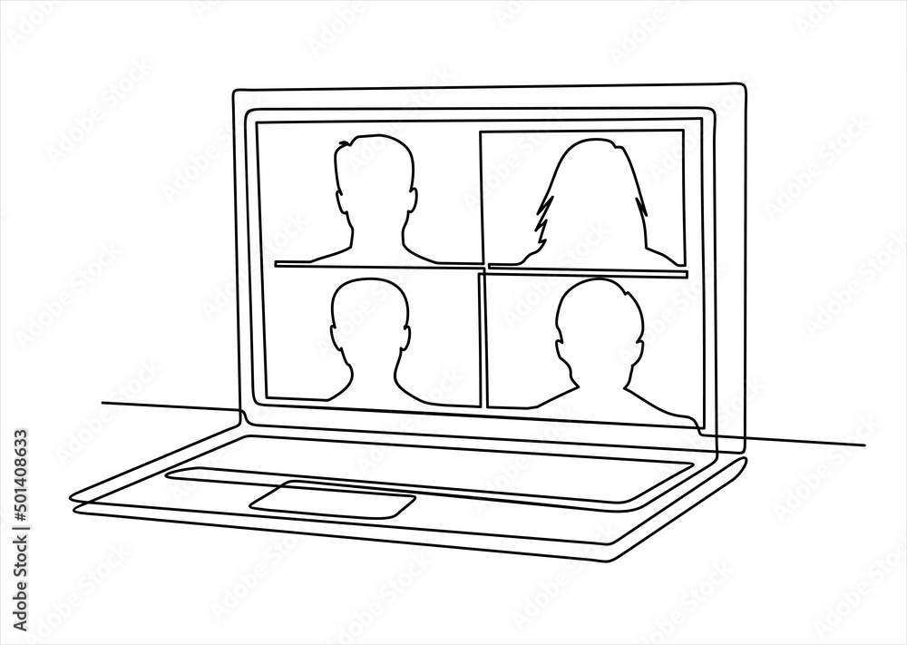 Poster continuous one line drawing of laptop on the desk with some people on screen for online class. e-lea