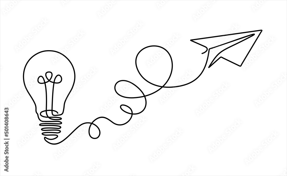 Poster paper plane flying up connected with light bulb in one continuous line drawing. airplane in outline 