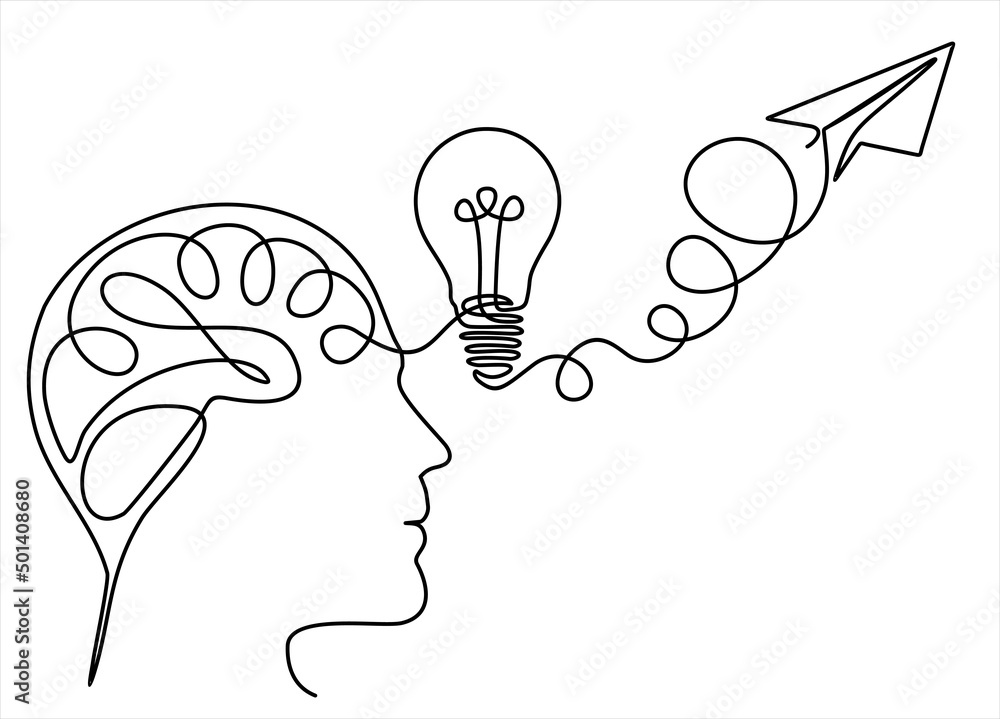 Aufkleber continuous modern drawing of a human head and brain thinking about startup business idea. brain, pap