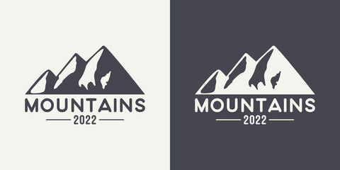 Vector Ventage Labels with Hand Drawn Mountains. 2022. Illustration for Ski Resort, Hiking, Climbing, Mountain Biking Logo Set. Drawing Winter Landscape, Camping Design