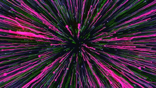 Black background.Motion.Thin bright lines of different colors that fly along the footage to the center and fall in animation.