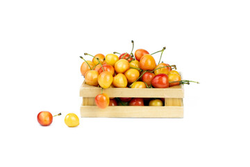 Cherries in box. Sweet yellow rainier cherry in wooden box on white background.