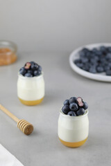 Homemade Italian dessert panna cotta with fruits jelly, fresh blue berries and honey on gray background.