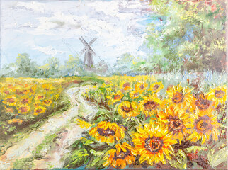 A landscape with an old windmill and sunflowers. Painted with oil paints © Oleksij
