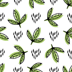 Pattern with fresh green leaves and nature hearts on white background for the design of textiles, bed linen, child clothing, wrapping paper.