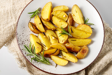 Fresh baked potatoes with olive oil, rosemary and garlic on vintage plate over linen towel.