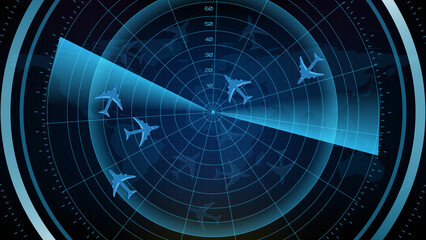 abstract background of futuristic technology screen scan flight radar airplane route path with scan interface hud
