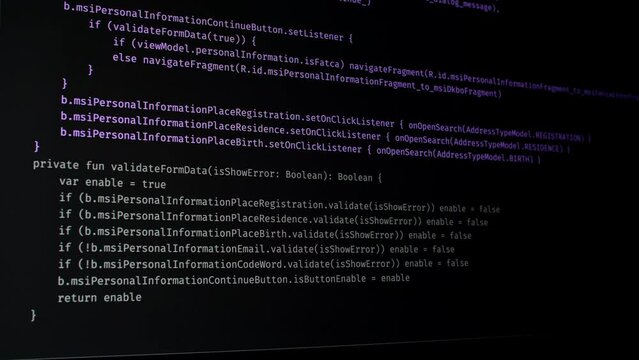 Developer is browsing html code on the computer screen. Scroll of HTML Web Page Code. Programming code abstract technology background. Computer script concept. High quality 4k footage