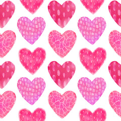 Watercolor heart seamless pattern. Bright and color hearts isolated on white background.