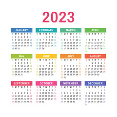 Calendar design 2023 year. English colorful vector square wall or pocket calender template