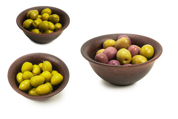 Olives in ceramic brown bowl isolated on white