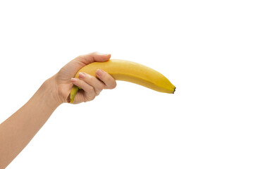 A bunch of bananas in woman hand isolated on white background.