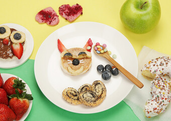 Healthy toasts for kids on colourfull background.