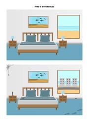 Find differences in hotel room. Educational Game for Kids. Vector comic Illustration in Cartoon style. Activity Page for children.