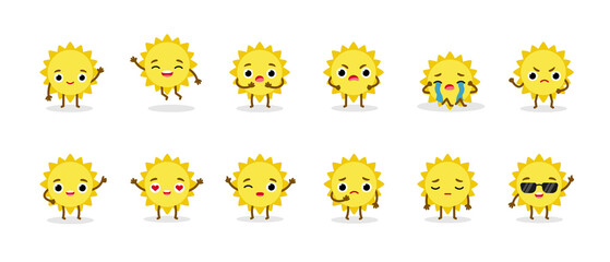 Fototapeta premium Set Summer Sun Emoji Characters. Mascots planet with faces and hands