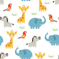 Seamless pattern with cartoon African animals. Children's background. Cute funny zebra, blue elephant, yellow giraffe and red parrot. Vector flat illustration.