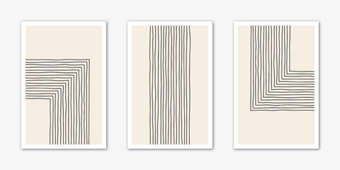 Set of 3 hand drawn paintings. Minimalist design background for wall decoration.