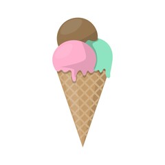 Melting ice cream balls in the waffle cone isolated on white background. Vector icon. Cartoon style illustration for print, stickers, cards.