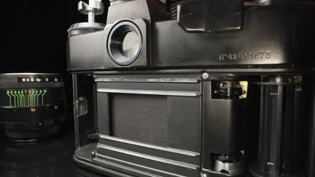 checking the work of an old film camera, close-up