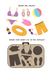Match the shapes children game. Open suitcase with beach accessories and clothes. Vector illustration in cartoon style. Colorful activity page for kids.