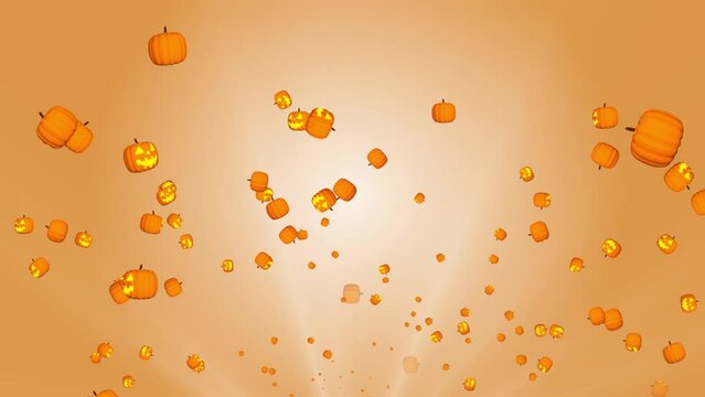 Halloween background loop. Flying pumpkin isolated on black background full 4k. autumn leaves garland. Holiday Autumn festival scene, Fall, Harvest. Decorative Halloween, and Thanksgiving pumpkins.